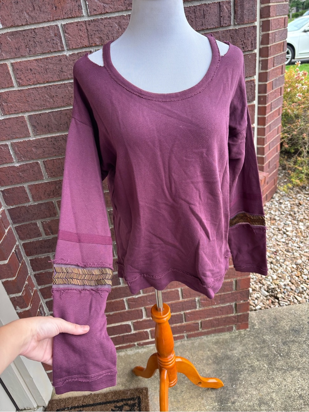 Vintage Havana Plum Long-Sleeve Top with Shoulder Cutouts and Sleeve Trim